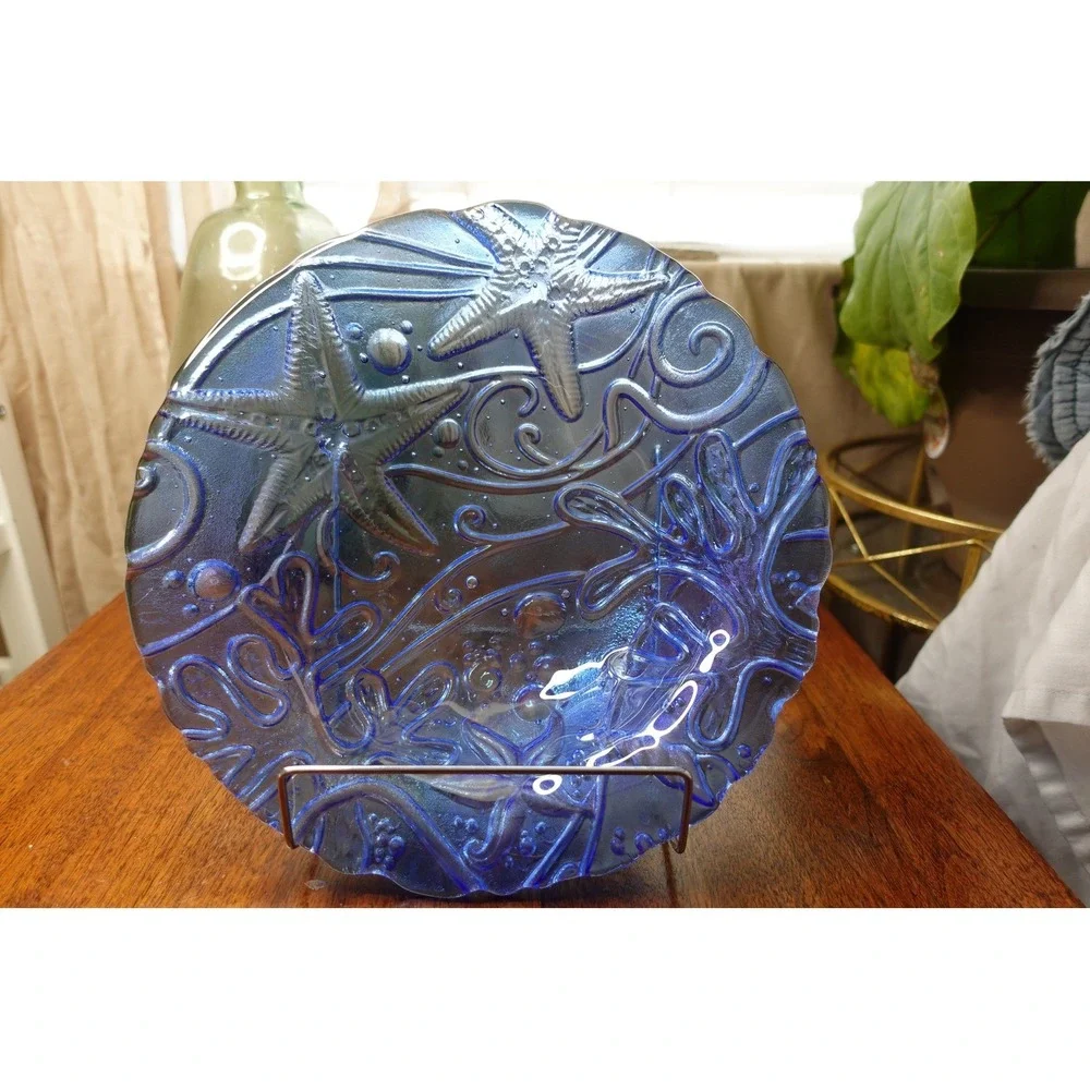 Blue Iridescent Glass Plate Starfish Seashell‎ Decorative Display Dish